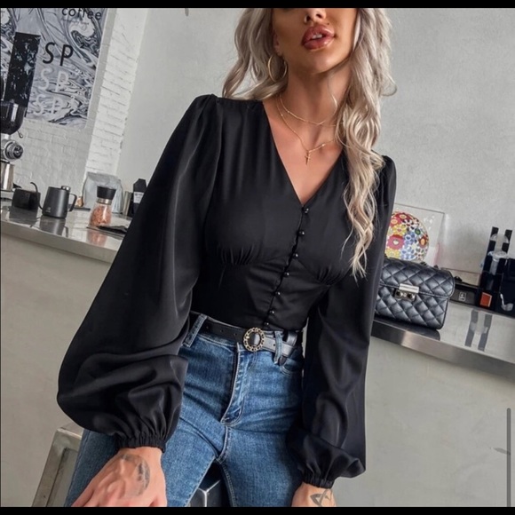 Rust V neck button down balloon sleeve blouse - Picture 6 of 9